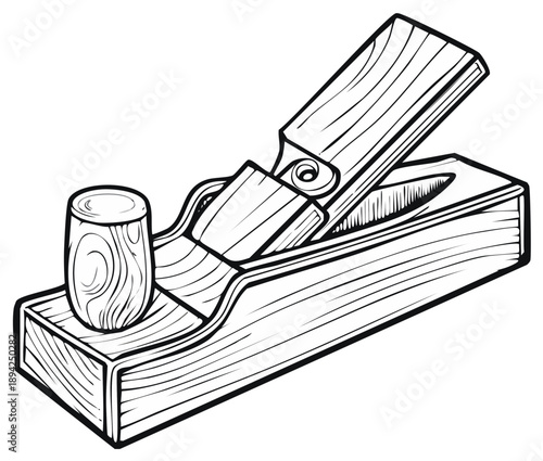 Woodworking hand plane and mallet in black and white, isolated