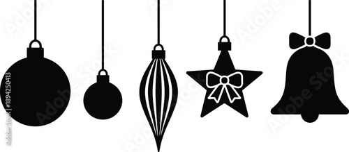 Christmas hanging ornaments, holiday decoration icons, festive baubles, star and bell shapes, black silhouette vector, winter seasonal design elements