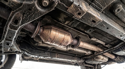 Underside view of a car showing a rusty catalytic converter and exhaust system. Automotive repair and maintenance concept for vehicle service.