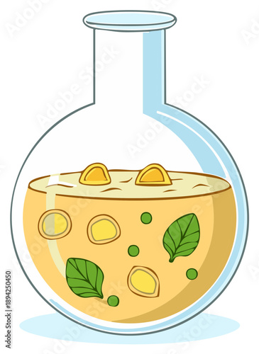 Scientific laboratory flask filled with a savory liquid, pasta shapes, green peas, and fresh leaves
