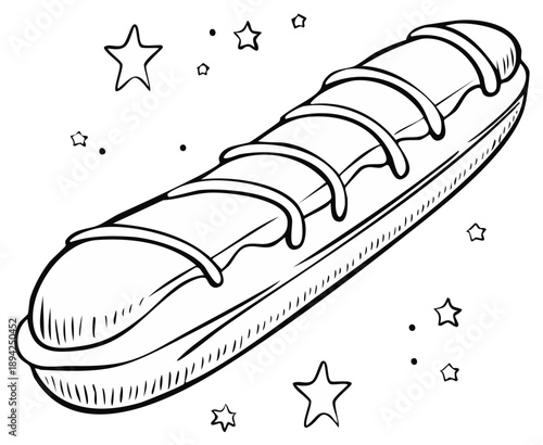 Hand Drawn Outline of a Delicious Cream Filled Pastry with Chocolate Glaze and Stars