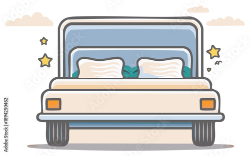 Stylized illustration of a bed with pillows and clouds in a dreamy night sky scene