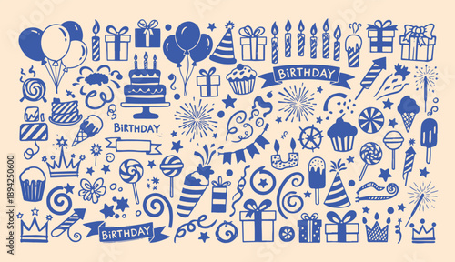 Hand drawn birthday party celebration doodle set featuring cake balloons gifts and festive decorations