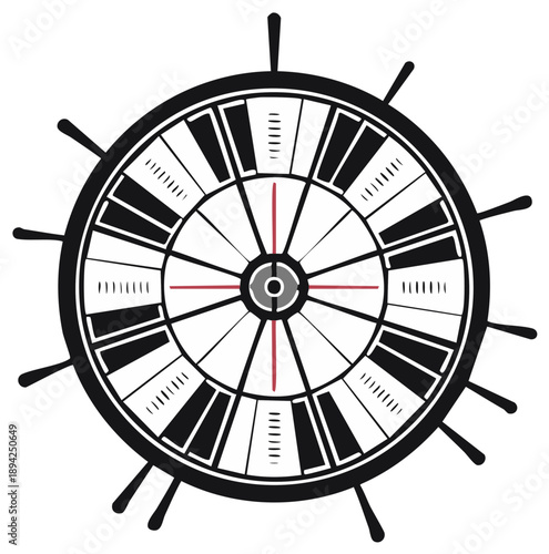 Abstract nautical wheel design with piano keys and crosshair, graphic element, conceptual art, nautical theme, music concept