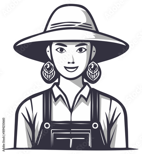 Smiling Asian Woman in Hat and Overalls Portrait Charming Farmer illustration