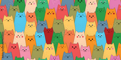 Seamless pattern with funny cute kittens. Different cats on color background. Fashion print for kids, childish texture. Vector illustration for fabric, textile, wallpaper, home clothing, pajama.