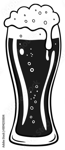 Stylized illustration of a foamy dark beverage in a tall glass with bubbles