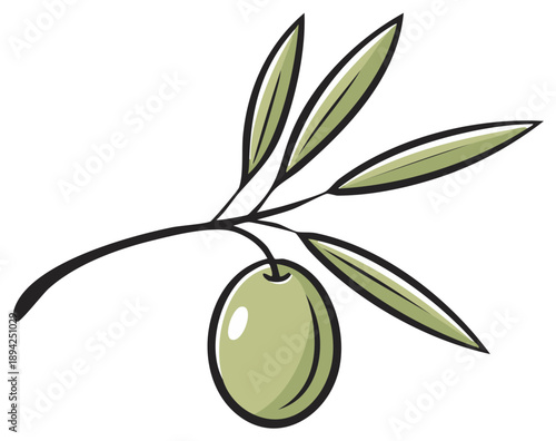 Fresh Olive Branch with Green Leaves Cartoon Illustration for Mediterranean Cuisine Design Elements