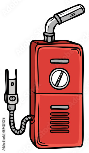 Cartoon illustration of a red gas pump with a nozzle and cable.
