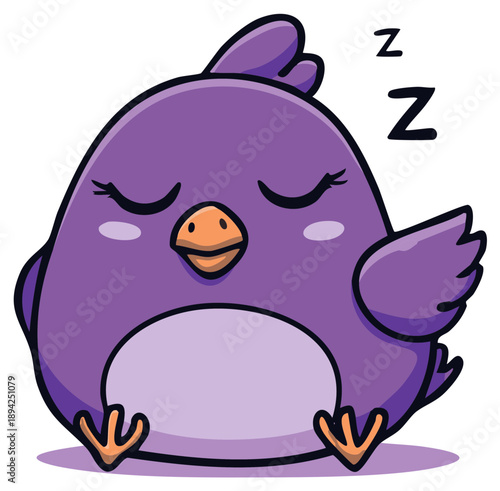 Sleeping purple cartoon bird illustration with closed eyes and ZZZs