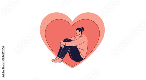 A lone person sits embracing knees inside a heart-shaped valentine symbolizing self love and affection in a simple illustration