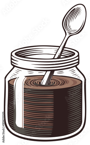 Graphic depiction of coffee in mason jar with spoon illustrates healthy drink.