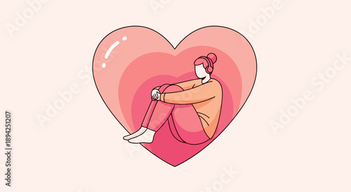 Woman sitting in a heart shaped valentine symbol embracing her knees in a tender pose illustration