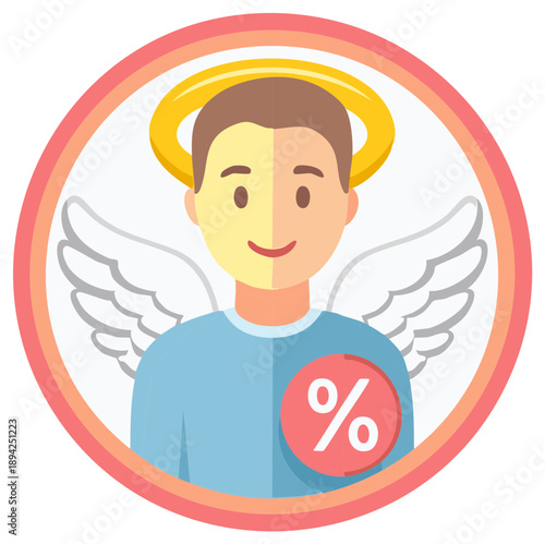 Cartoon angel with percentage sign inside a circle icon, finance concept
