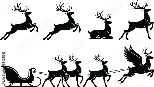 christmas reindeer silhouettes, santa sleigh team, flying deer poses, winter holiday magic, black vector animals, festive seasonal illustration set