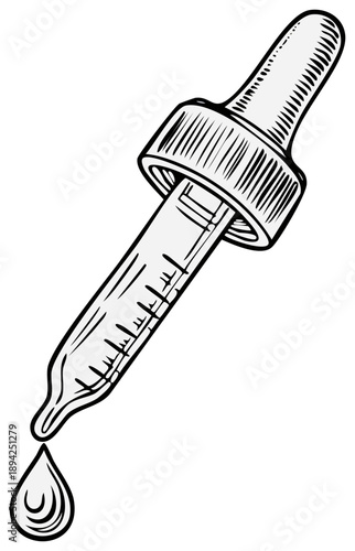 Black and white line art illustration of a glass dropper dispensing a liquid drop