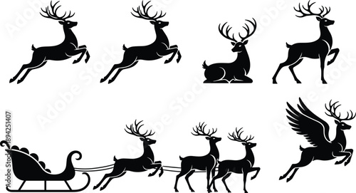 christmas, reindeer, sleigh, santa, flying, winter, holiday, festive, silhouette, vector, black, magic, deer, animal, north, pole, transport, icon, seasonal, illustration