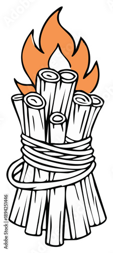 Illustration of a brightly burning, tied bundle of sticks, symbolizing warmth, energy, and a sense of primal connection