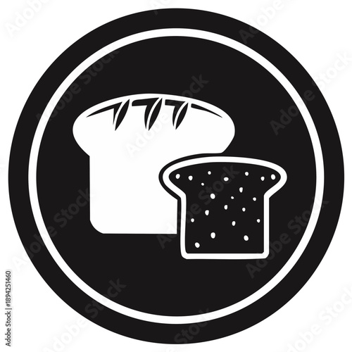 Black and White Icon of Loaf of Bread with a Single Slice of Bread in a Circle