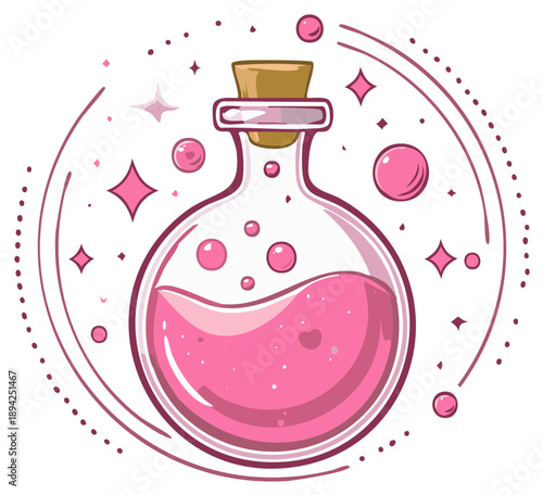 Cartoon pink potion in a glass bottle with cork and magical sparkling accents
