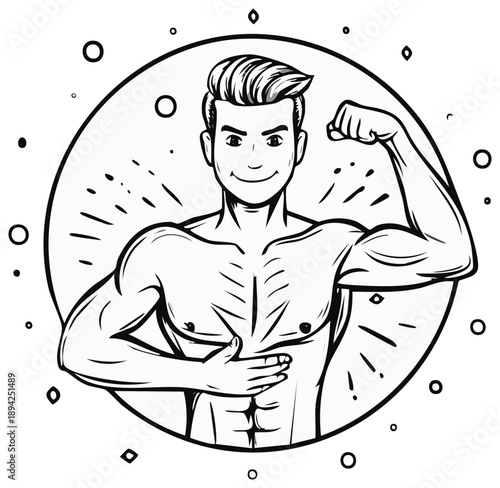 Athletic Man Flexing Muscles, Cartoon Illustration, Showing Strength and Healthy Lifestyle, Fitness and Well Being
