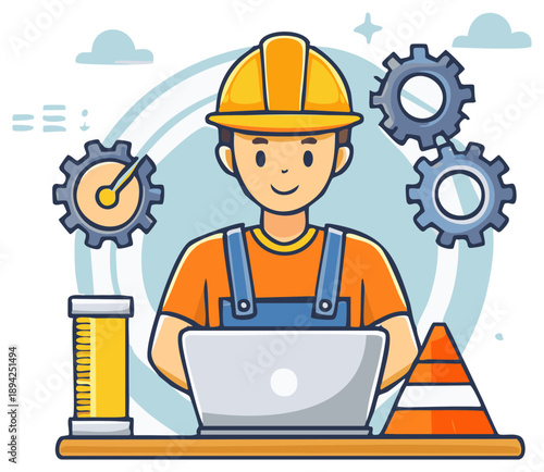 Cartoon construction worker operating laptop with gears and tools
