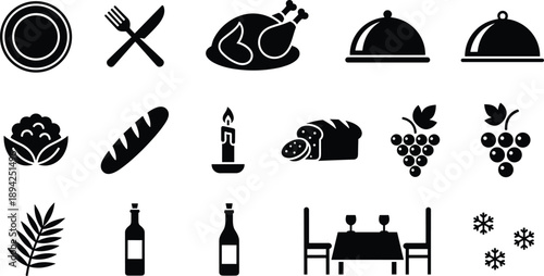 Festive dinner and holiday food silhouette icon set featuring turkey, bread, wine, table setting, candles for seasonal celebration vectors