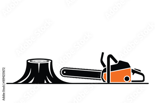 Chainsaw and Tree Stump Icon, forestry concept with copy space