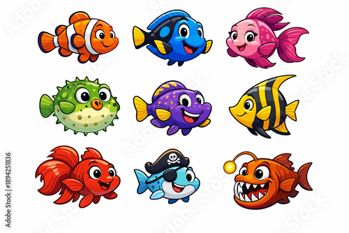 Colorful cartoon fish characters with diverse expressions and styles