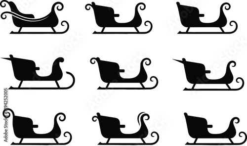 Santa sleigh silhouette icon set featuring multiple classic Christmas sled designs, festive holiday transportation symbols for winter vector illustrations