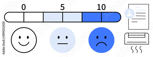 Customer experience, user feedback, satisfaction rating, survey analysis, service quality, opinion tracking. A graded scale with happy, neutral, and sad emoticons alongside a feedback form