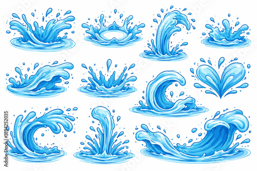 Dynamic blue water splashes and waves collection