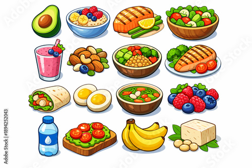 Healthy food icons: fruits, vegetables, protein-rich meals and beverages