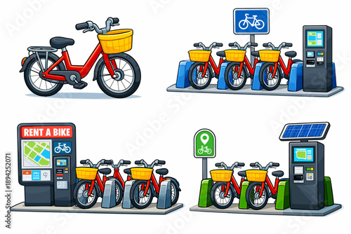 Colorful urban bike rental dock with interactive kiosks and bright red bicycles