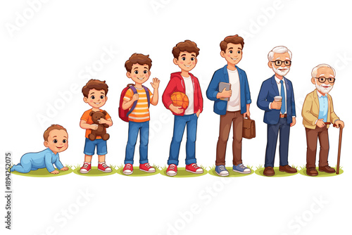 Stages of life: growth of caucasian male from baby to elderly