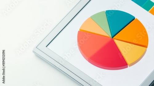 Tablet displaying colorful 3D pie chart, close-up shot, white background, concept of data analysis and business growth, data, chart, analysis