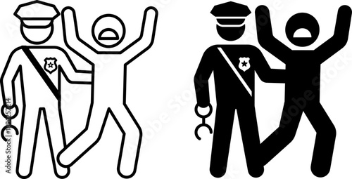 Arrest Icons. Glyph and Line Vector Illustrations. Policeman with Handcuffs Arresting a Criminal. Police Concept