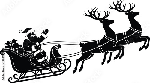 Santa sleigh silhouette, flying reindeer, Christmas night scene, holiday magic transport, festive winter illustration, black vector, seasonal design, classic Xmas artwork