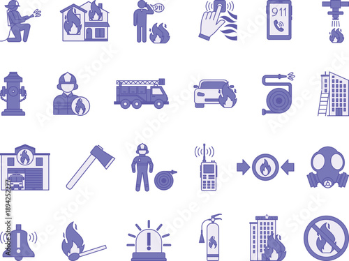 Colored Firefighter Icons. Vector Illustrations: Fire, Alarm, Fireman, Sprinkler, Hose, Fire Truck, 911 Call, Radio, Fire Extinguisher, Match, and More