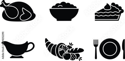 Thanksgiving dinner silhouette icon set featuring roast turkey, pie, gravy boat, cornucopia, side dishes and tableware holiday vector collection