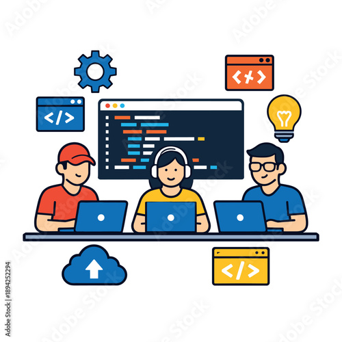 Creative coding team collaborating on software projects