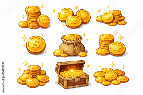 Various stacks and bags of gold coins with sparkles on white background