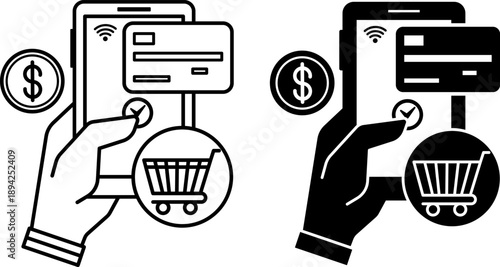 Payment Icons. Glyph and Line Vector Illustrations. Person Paying for a Purchase via Mobile Phone. Credit Card, Human Hand, Dollar Coin, Wi-Fi, and Shopping Cart. Banking