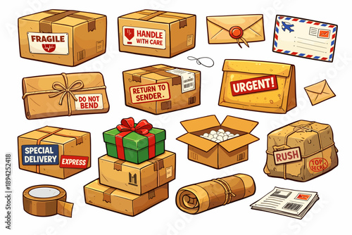 Assorted packages and envelopes with shipping labels and decorations