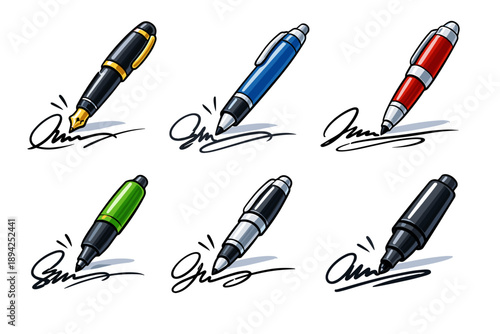 Colorful pens drawing signatures: green, blue, red, black highlighting artistic expression