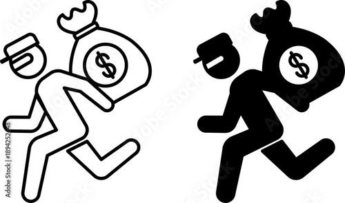 Thief Icons. Glyph and Line Vector Illustrations. Masked Man Carrying a Bag of Money. Criminal Stealing Someone Else's Property. Police Concept