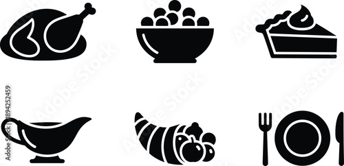 Thanksgiving dinner silhouette icon set featuring roasted turkey, pie, gravy, cornucopia, side dishes and tableware for holiday vector designs