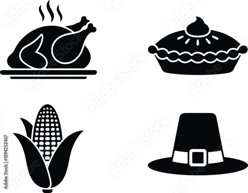 Thanksgiving food icons, roasted turkey, pumpkin pie, corn cob, pilgrim hat, autumn harvest symbols, black silhouette vector, seasonal holiday design