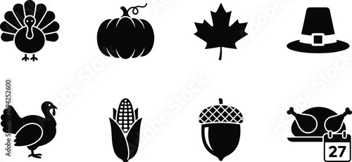 Thanksgiving holiday icon set featuring turkey, pumpkin, maple leaf, corn, acorn, pilgrim hat, roasted dinner calendar silhouette for autumn design
