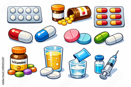 Assorted colorful pills and vitamins with syringe and glasses of water